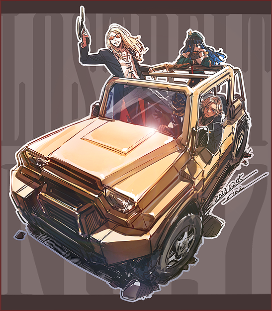 1girl, 3boys, black_hair, blonde_hair, blue_hair, car, commentary, daybit_sem_void