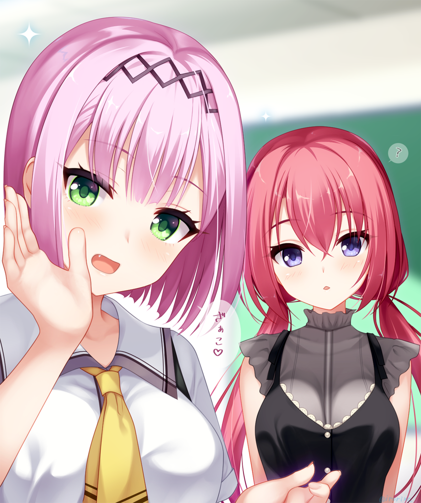 2girls, :o, ?, bangs, black_dress, black_hairband, blue_eyes, blunt_bangs
