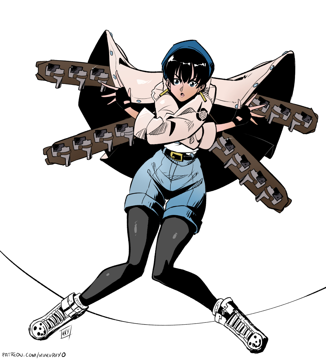 1girl, belt, black_belt, black_gloves, black_hair, earrings, fingerless_gloves, gloves