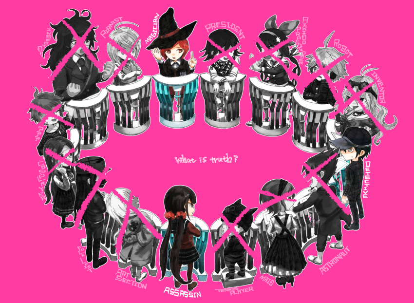 6+boys, 6+girls, :d, a_10sun, ahoge, akamatsu_kaede, amami_rantarou, android, antenna_hair, arm_up, bag, bangs, black_hair, black_headwear, black_jacket, black_pants, black_skirt, blush_stickers, breasts, brown_eyes, chabashira_tenko, checkered_clothes, checkered_scarf, chibi, closed_eyes, collared_shirt, commentary_request, copyright_name, cross, crossed_arms, danganronpa_(series), danganronpa_v3:_killing_harmony, english_text, everyone, glasses, goggles, goggles_on_head, gokuhara_gonta, grey_jacket, grey_ribbon, hair_between_eyes, hair_ornament, hair_ribbon, hair_scrunchie, hairband, hand_up, harukawa_maki, hat, headphones, highres, hoshi_ryouma, index_finger_raised, iruma_miu, jacket, jewelry, keebo, large_breasts, long_sleeves, looking_at_another, low_twintails, medium_hair, mole, mole_under_mouth, momota_kaito, multiple_boys, multiple_girls, musical_note, musical_note_hair_ornament, neck_ribbon, necklace, necktie, orange_jacket, ouma_kokichi, pants, pink_background, pink_hairband, pink_vest, pleated_skirt, red_scrunchie, red_thighhighs, redhead, ribbon, saihara_shuuichi, scarf, scrunchie, shinguuji_korekiyo, shirogane_tsumugi, shirt, shoes, short_hair, short_sleeves, shoulder_bag, simple_background, skirt, smile, spoilers, standing, striped, striped_jacket, striped_pants, striped_shirt, teeth, thigh-highs, tongue, tongue_out, toujou_kirumi, twintails, upper_teeth_only, vest, witch_hat, yonaga_angie, yumeno_himiko