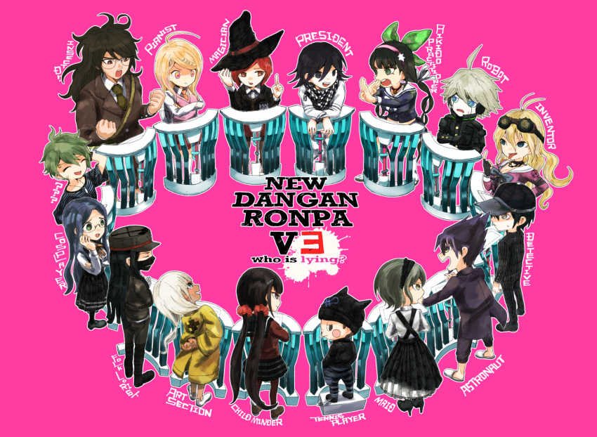 6+boys, 6+girls, :d, a_10sun, ahoge, akamatsu_kaede, amami_rantarou, android, antenna_hair, arm_up, bag, bangs, black_hair, black_headwear, black_jacket, black_pants, black_skirt, blush_stickers, breasts, brown_eyes, brown_hair, brown_jacket, chabashira_tenko, checkered_clothes, checkered_scarf, chibi, clenched_hands, closed_eyes, collared_shirt, copyright_name, crossed_arms, danganronpa_(series), danganronpa_v3:_killing_harmony, english_text, everyone, glasses, goggles, goggles_on_head, gokuhara_gonta, green_hair, grey_hair, grey_jacket, grey_ribbon, hair_between_eyes, hair_ornament, hair_ribbon, hair_scrunchie, hairband, hand_up, harukawa_maki, hat, headphones, highres, hoshi_ryouma, index_finger_raised, iruma_miu, jacket, jewelry, keebo, large_breasts, long_sleeves, looking_at_another, low_twintails, medium_hair, mole, mole_under_mouth, momota_kaito, multiple_boys, multiple_girls, musical_note, musical_note_hair_ornament, neck_ribbon, necklace, orange_jacket, ouma_kokichi, pants, pink_background, pink_hairband, pink_vest, pleated_skirt, red_scrunchie, red_thighhighs, redhead, ribbon, saihara_shuuichi, scarf, scrunchie, shinguuji_korekiyo, shirogane_tsumugi, shirt, shoes, short_hair, short_sleeves, shoulder_bag, simple_background, skirt, smile, standing, striped, striped_jacket, striped_pants, striped_shirt, teeth, thigh-highs, tongue, tongue_out, toujou_kirumi, twintails, upper_teeth_only, vest, witch_hat, yonaga_angie, yumeno_himiko