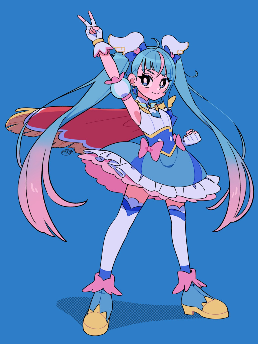 1girl, ahoge, blue_background, blue_eyes, blue_hair, bow, brooch, cape