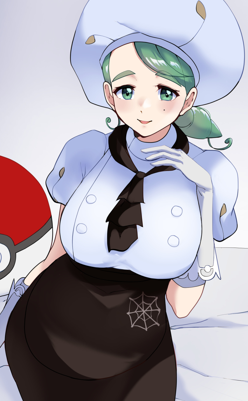 1girl, absurdres, apron, ascot, breasts, brown_ascot, brown_jabot, brown_skirt, buttons, chef_hat, double-breasted, gloves, hat, highres, indoors, katy_(pokemon), large_breasts, light_green_hair, pokemon, pokemon_(game), pokemon_sv, puffy_short_sleeves, puffy_sleeves, short_hair, short_sleeves, side_ponytail, skirt, spider_web_print, tetsuji_(i_ttj_f_c), waist_apron, white_gloves