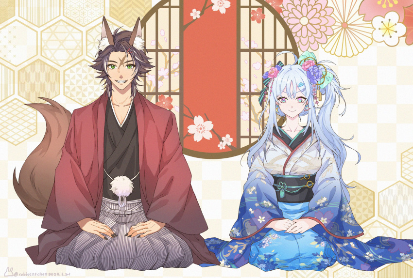 1boy, 1girl, animal_ear_fluff, animal_ears, blue_hair, blue_kimono, brown_hair, closed_mouth