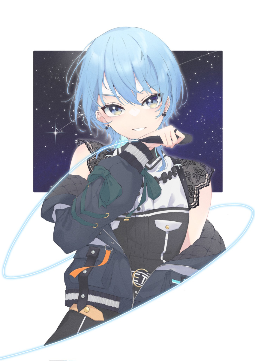 1girl, a9_(repainter), bangs, belt, blue_eyes, blue_hair, buttons, commentary