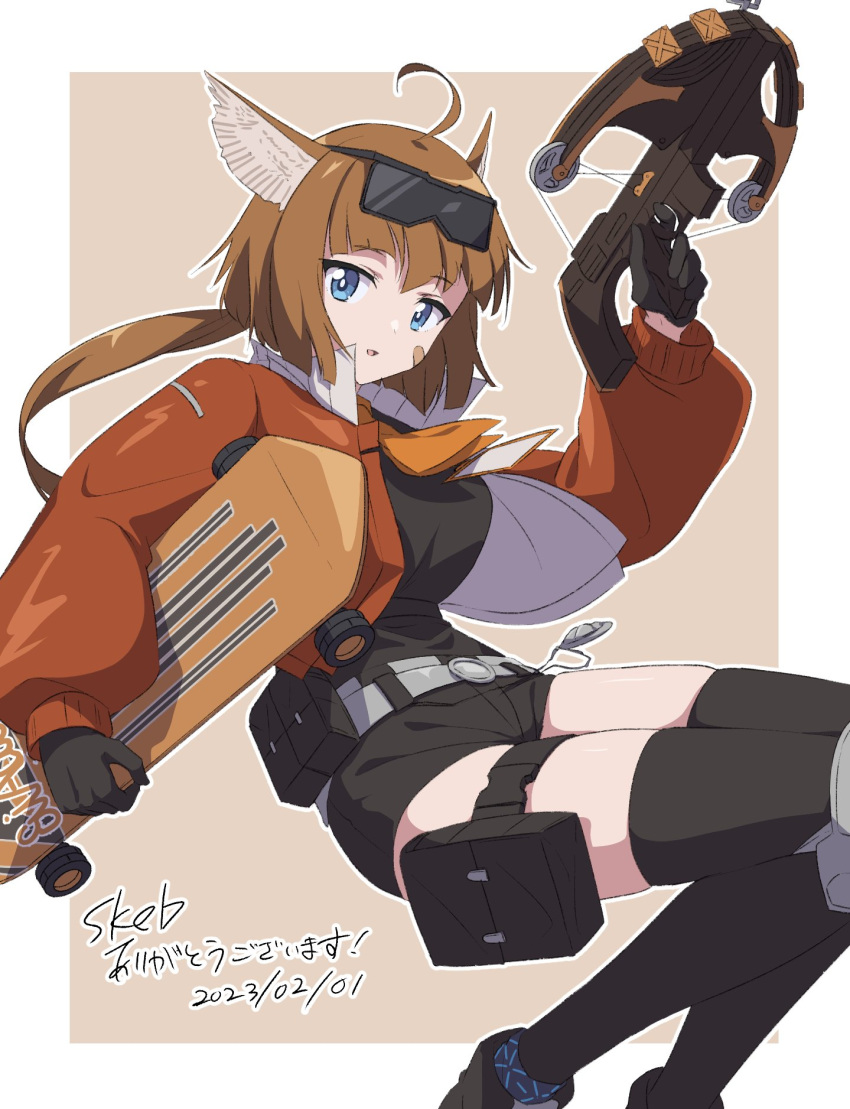 1girl, aciddrop_(arknights), ahoge, arknights, belt, black_gloves, black_shirt, black_shorts