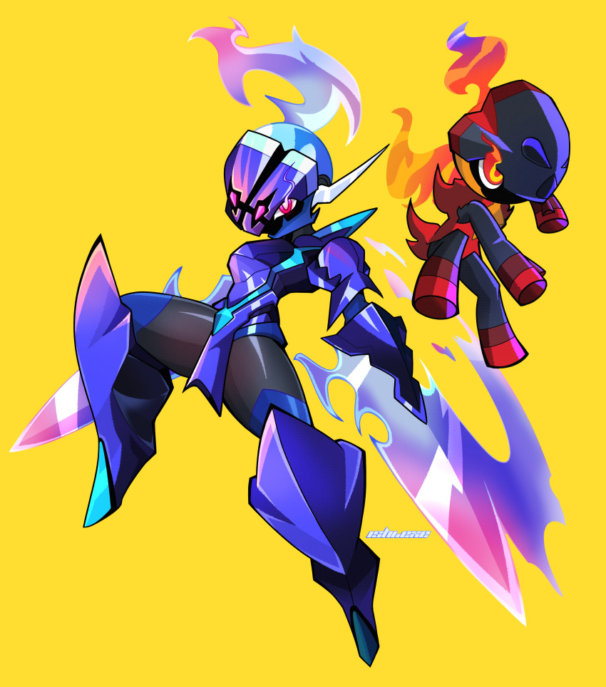 absurdres, blade, ceruledge, charcadet, colored_sclera, commentary_request, evolutionary_line, eye_trail