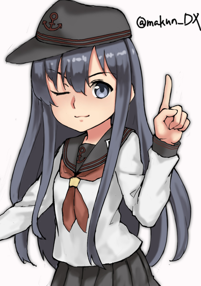 1girl, akatsuki_(kancolle), akatsuki_kai_ni_(kancolle), anchor_symbol, black_headwear, black_skirt, commentary_request, flat_cap