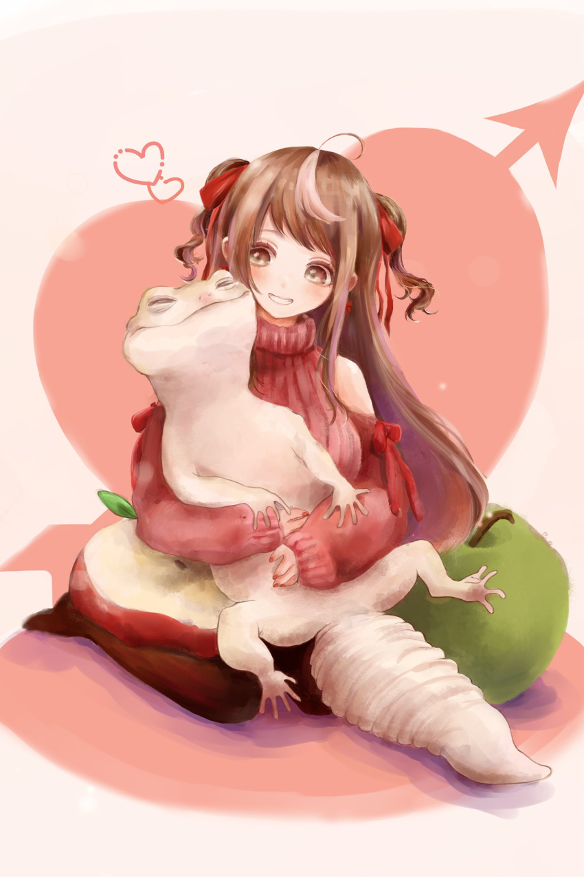 1girl, absurdres, ahoge, animal, animal_hug, apple, apple_slice, arrow_through_heart