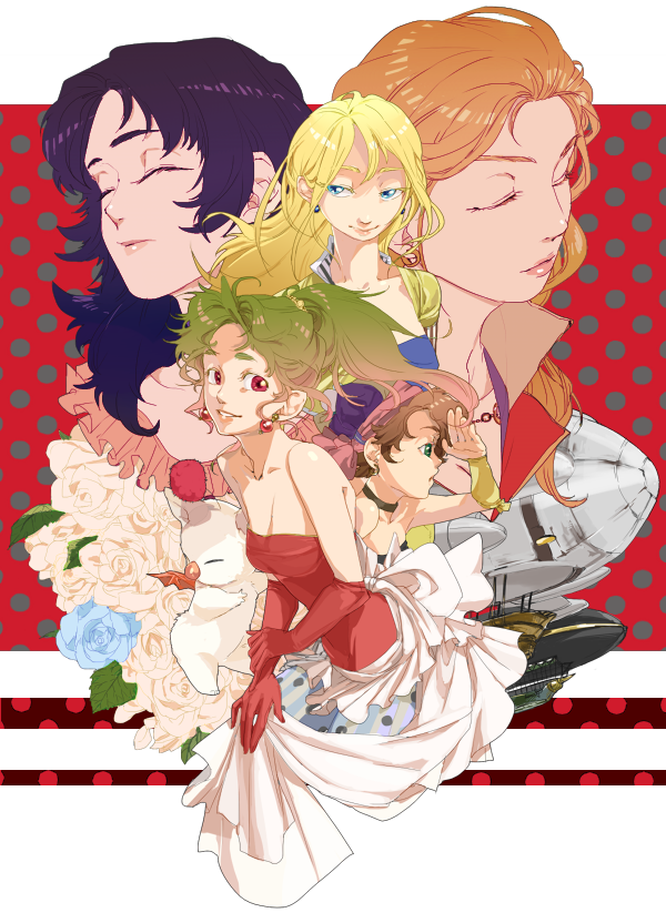 5girls, airship, bandana, bare_shoulders, blonde_hair, blue_eyes, celes_chere, daryl