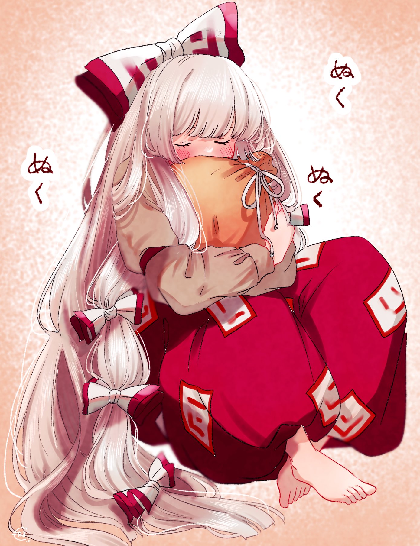 1girl, baggy_pants, barefoot, blush, bow, closed_eyes, eyebrows_hidden_by_hair, fujiwara_no_mokou