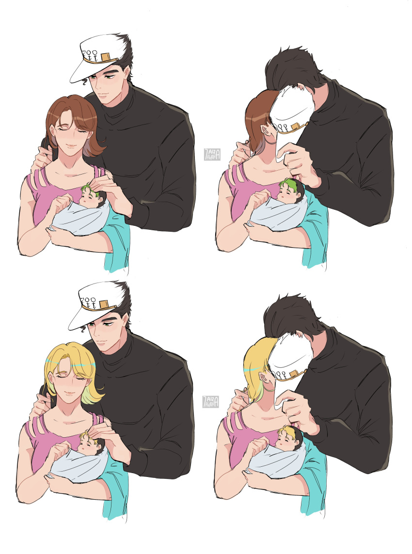 1boy, 2girls, 7aizagatha, absurdres, aged_down, baby, black_hair, blonde_hair