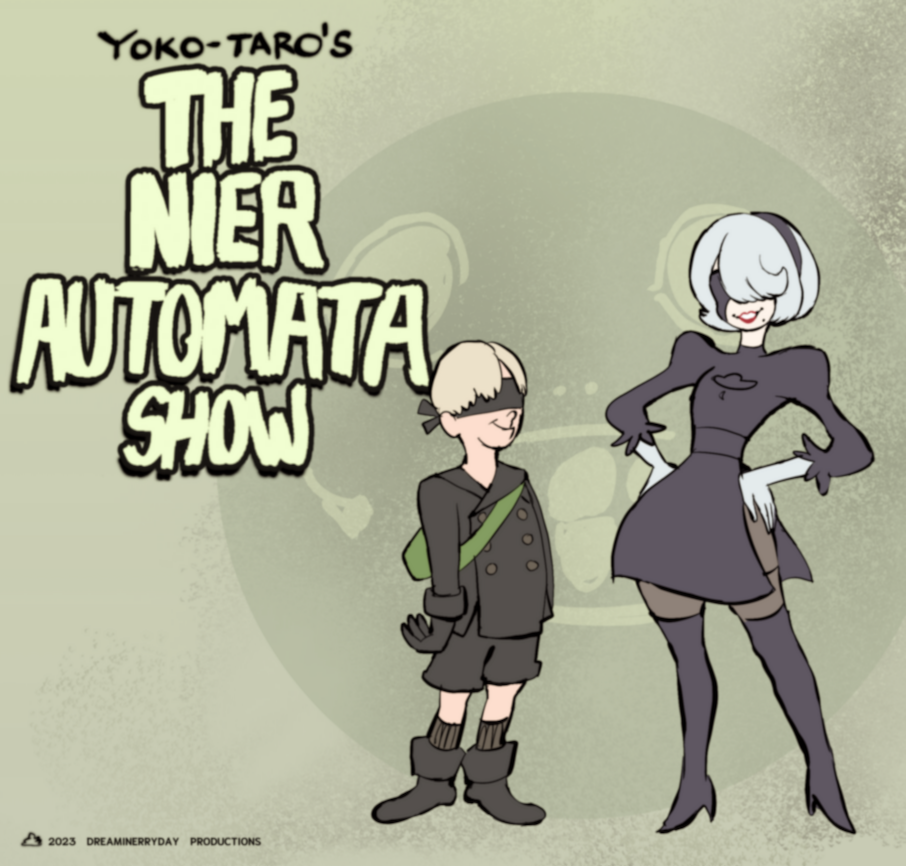 1boy, 1girl, black_blindfold, black_dress, black_footwear, black_gloves, black_jacket, black_shorts, black_socks, blindfold, boots, commentary, copyright_name, dreaminerryday, dress, english_commentary, english_text, gloves, grey_gloves, grey_hair, grey_pantyhose, hair_over_one_eye, hanna-barbera, height_difference, high_heel_boots, high_heels, jacket, lipstick, makeup, mole, mole_under_mouth, nier_(series), nier_automata, pantyhose, parody, red_lips, retro_artstyle, short_hair, shorts, side_slit, socks, style_parody, thigh_boots, yorha_no._2_type_b, yorha_no._9_type_s