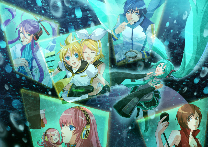 aqua_eyes, aqua_hair, blonde_hair, blue_eyes, blue_hair, brown_eyes, brown_hair, cat_hat
