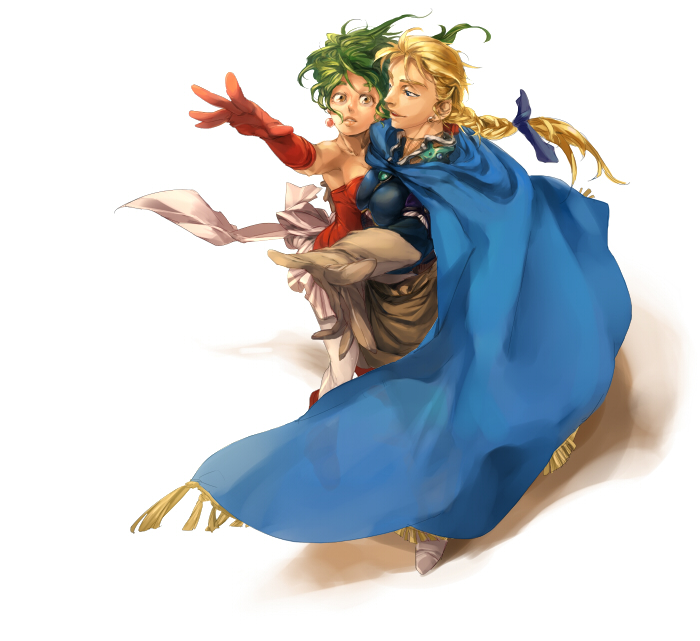 armor, blonde_hair, blue_ribbon, braid, brown_eyes, cape, couple, earrings