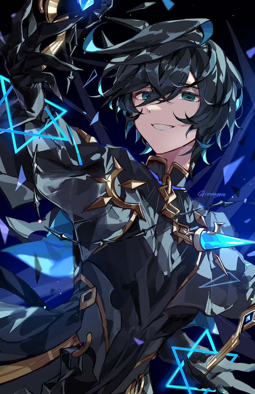 1boy, absurdres, ahoge, ainchase_ishmael, aqua_eyes, aqua_hair, bigott_(elsword), black_background, black_hair, black_shirt, blue_background, elsword, highres, long_sleeves, male_focus, multicolored_background, multicolored_hair, narugrm, shirt, short_hair, smile, solo, teeth, twitter_username