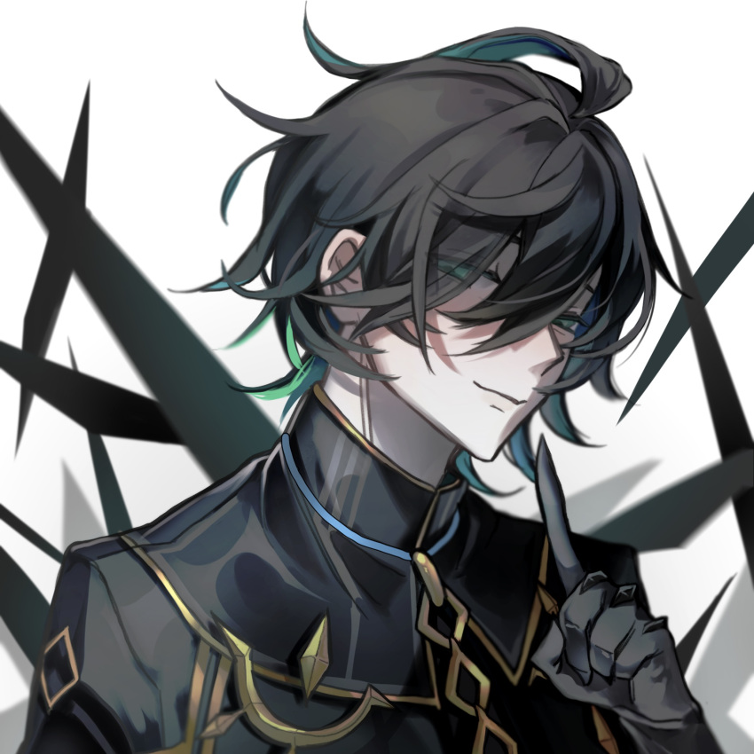 1boy, ainchase_ishmael, aqua_eyes, aqua_hair, bigott_(elsword), black_background, black_gloves, black_hair, elsword, gloves, highres, long_sleeves, looking_at_viewer, male_focus, multicolored_background, multicolored_hair, short_hair, solo, virtual-ocean, white_background