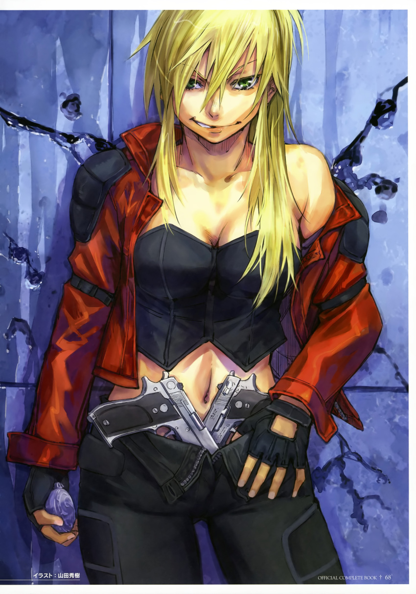 blonde_hair, breasts, cal_devens, cleavage, drei, green_eyes, gun, handgun, highres, konchiki, phantom_of_inferno, pistol, solo, weapon