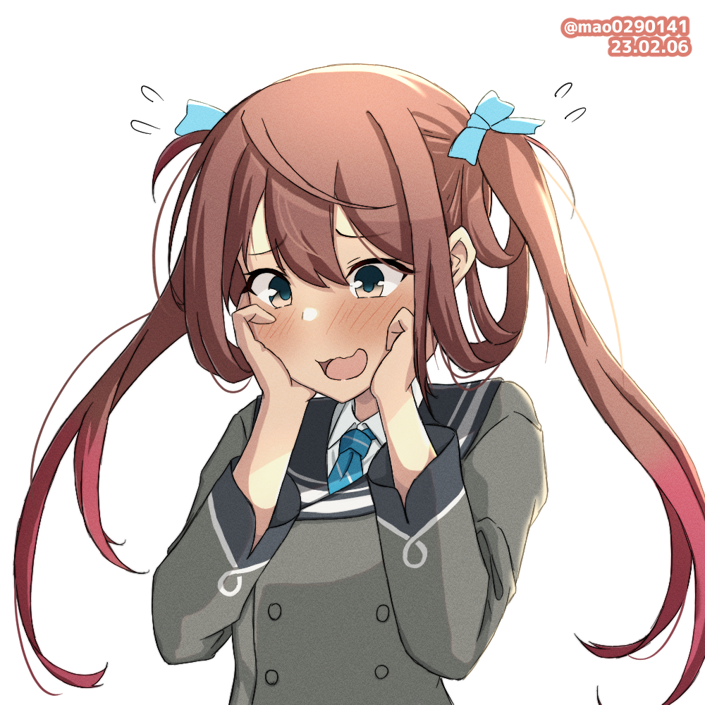 1girl, asagumo_(kancolle), blue_necktie, blush, brown_hair, collared_shirt, dated, embarrassed