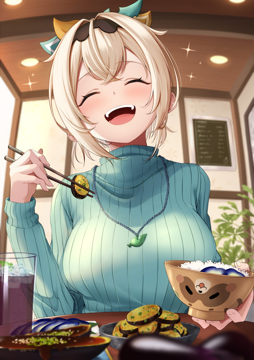 1girl, absurdres, alternate_breast_size, aqua_shirt, bangs, blonde_hair, blush, bowl