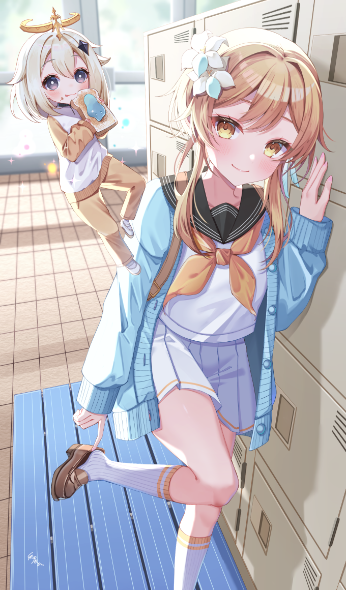 2girls, :q, adjusting_footwear, alternate_costume, arm_support, bangs, black_eyes, black_footwear, black_sailor_collar, blonde_hair, blurry, blush, bread, bread_slice, brown_pants, cardigan, closed_mouth, commentary, contemporary, depth_of_field, feather_hair_ornament, feathers, floating, flower, food, food_on_face, foot_out_of_frame, full_body, genshin_impact, gym_uniform, hair_flaps, hair_flower, hair_ornament, holding, holding_food, itoi_toi, kneehighs, leg_up, lily_(flower), loafers, locker, long_sleeves, lumine_(genshin_impact), miniskirt, multiple_girls, neckerchief, open_cardigan, open_clothes, orange_neckerchief, paimon_(genshin_impact), pants, pleated_skirt, ribbed_legwear, sailor_collar, school_uniform, serafuku, shirt, shoes, short_hair, short_hair_with_long_locks, sidelocks, skirt, sleeves_past_wrists, slime_(genshin_impact), smile, socks, sparkle, standing, standing_on_one_leg, thighs, tile_floor, tiles, tongue, tongue_out, track_pants, white_flower, white_hair, white_serafuku, white_shirt, white_skirt
