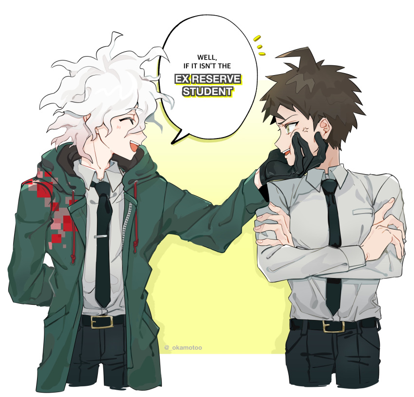 2boys, :d, absurdres, ahoge, anger_vein, bangs, black_necktie, black_pants