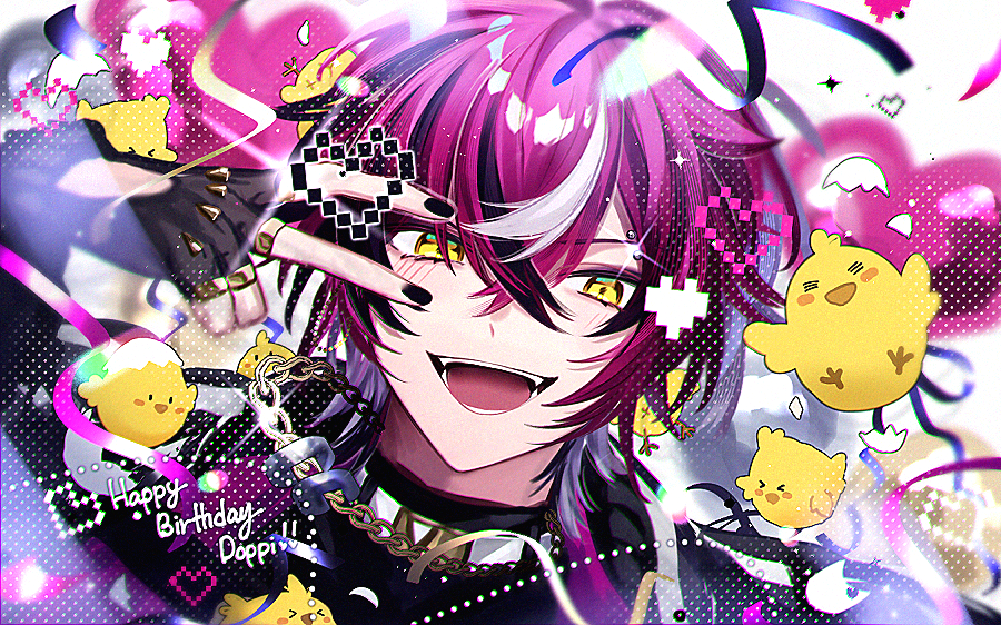 1boy, :d, balloon, bangs, bird, black_gloves, black_hair, black_nails