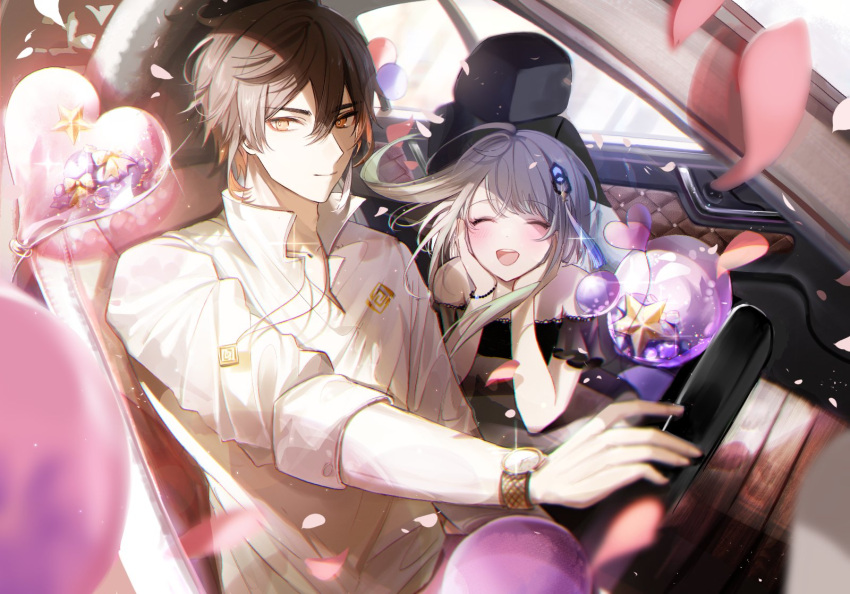 1boy, 1girl, :d, alternate_costume, arm_support, balloon, bangs, black_dress