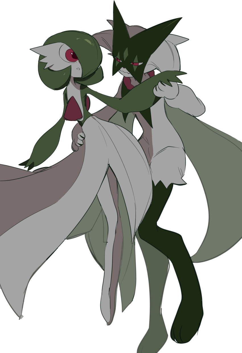 1boy, 1other, absurdres, animal_feet, animal_hands, animal_nose, arm_around_waist, bangs, bob_cut, body_fur, claws, closed_mouth, colored_skin, commentary_request, eye_contact, flat_chest, furry, furry_with_non-furry, gardevoir, green_fur, green_hair, green_skin, grey_fur, grey_hair, hair_over_one_eye, half-closed_eyes, hand_up, happy, highres, holding_hands, interspecies, legs, legs_together, looking_at_another, meowscarada, multicolored_skin, one_eye_covered, open_mouth, pokemon, pokemon_(creature), red_eyes, short_hair, simple_background, smile, standing, tem_(tem_konp10), two-tone_fur, two-tone_skin, wavy_mouth, white_background, white_skin