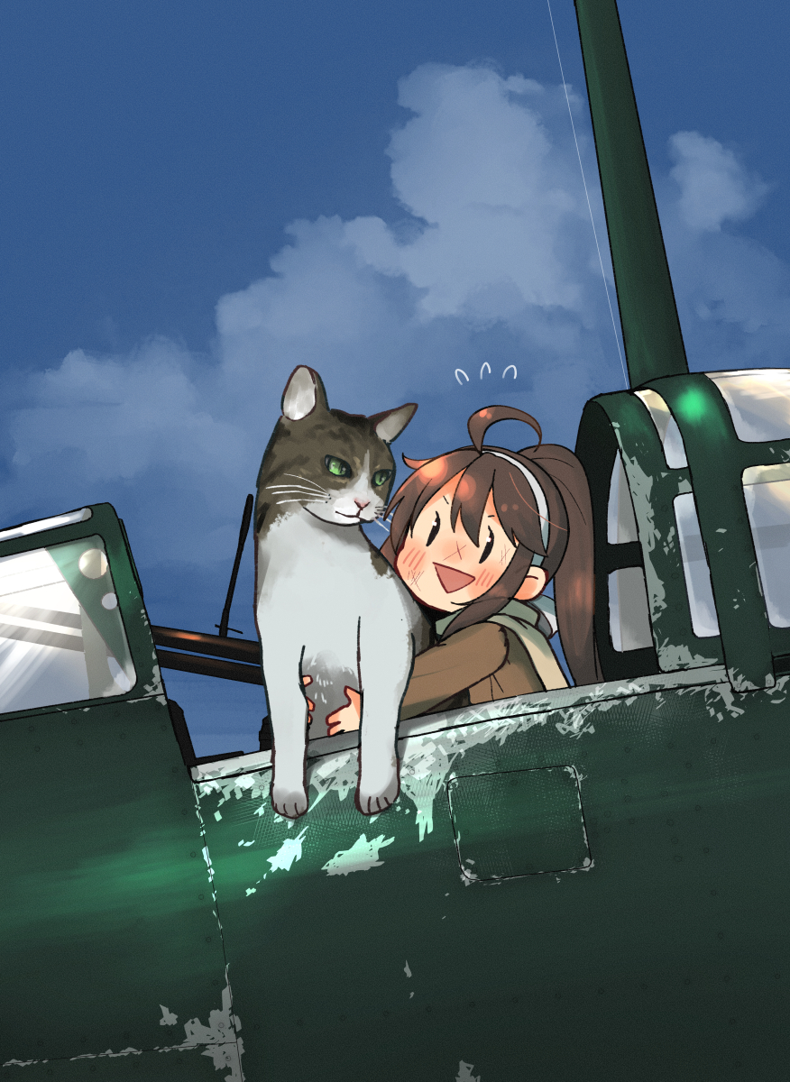 1girl, ahoge, aircraft, animal, annin_musou, b7a_ryuusei, bangs, blush, brown_hair, cat, clouds, day, fairy_(kancolle), flying_sweatdrops, hair_between_eyes, hairband, highres, kantai_collection, long_hair, long_sleeves, open_mouth, ponytail, sky, smile, solo, vehicle_request, white_hairband