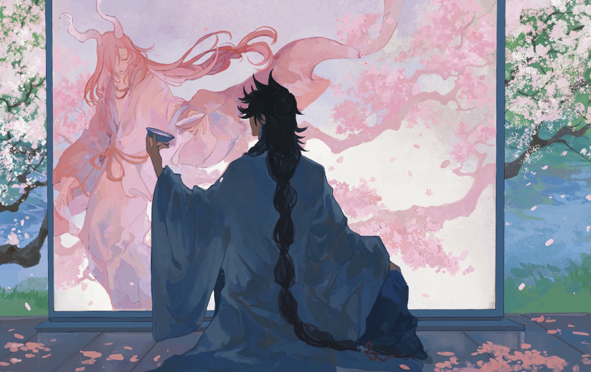2boys, absurdres, alcohol, black_hair, braid, braided_ponytail, branch, cherry_blossoms