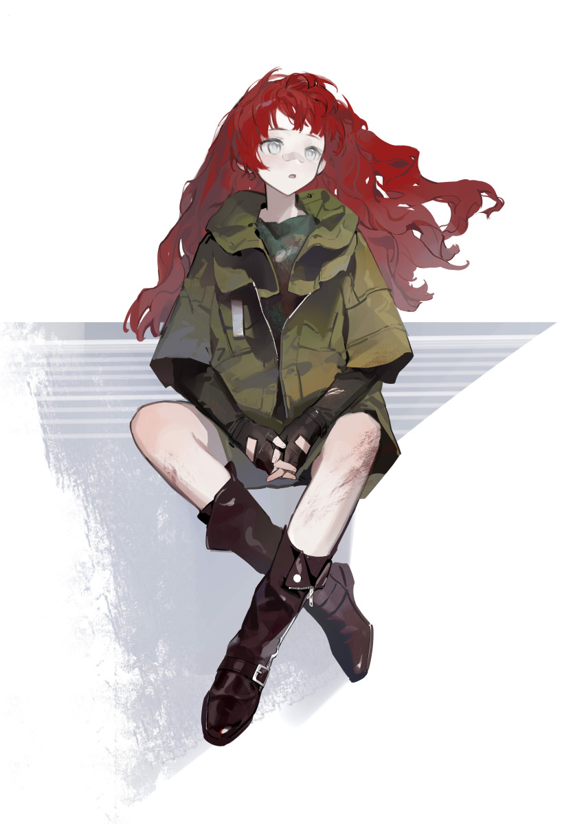 1girl, :o, absurdres, bandaid, bandaid_on_face, bandaid_on_nose, bangs, blush, boots, buckle, camouflage, camouflage_shirt, coat, crossed_legs, dirty, earrings, fingerless_gloves, fingernails, gloves, green_coat, green_shorts, grey_eyes, highres, iris_yi, jewelry, long_hair, long_sleeves, looking_away, messy_hair, original, own_hands_together, pale_skin, red_haired_girl_(iris_yi), redhead, shirt, shorts, simple_background, single_earring