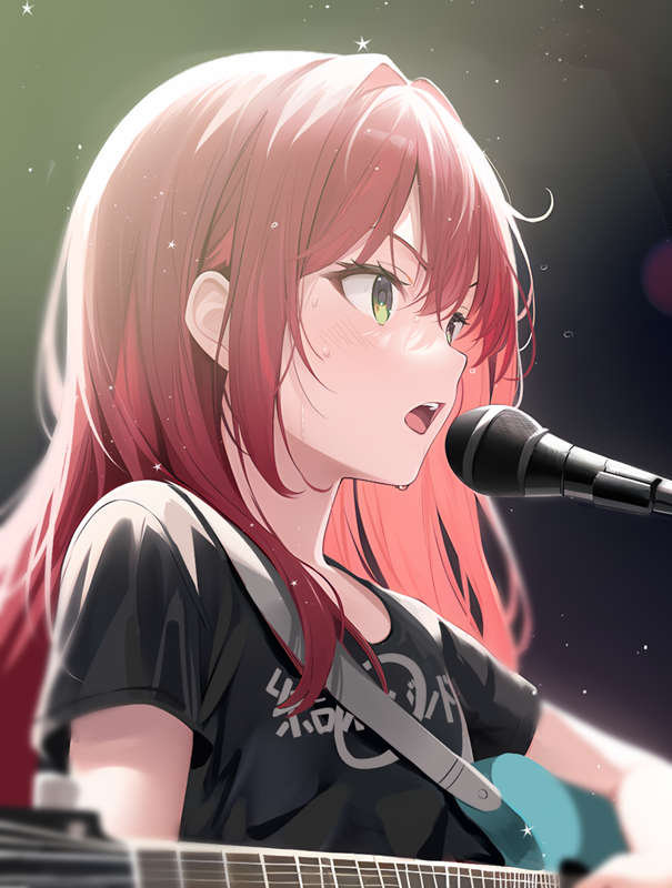 1girl, aroa_(aroamoyasi), bangs, black_background, black_shirt, bloom, blush, bocchi_the_rock!, clothes_writing, commentary, electric_guitar, flying_sweatdrops, from_side, gradient_background, green_eyes, guitar, hair_between_eyes, instrument, kita_ikuyo, light, light_particles, long_hair, looking_to_the_side, microphone, microphone_stand, redhead, shirt, short_sleeves, simple_background, solo, star_(symbol), strap, sweat, swept_bangs, t-shirt