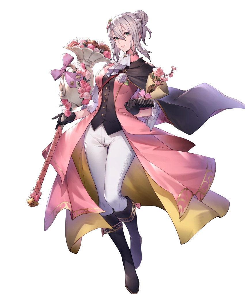 1girl, ascot, bangs, boots, box, breasts, buttons, capelet, coat, detached_sleeves, effie_(fire_emblem), effie_(valentine)_(fire_emblem), essual_(layer_world), fire_emblem, fire_emblem_fates, fire_emblem_heroes, flower, full_body, gift, gift_box, gloves, gold_trim, green_eyes, hair_bun, hair_ornament, highres, holding, knee_boots, lips, long_hair, long_sleeves, looking_at_viewer, medium_breasts, non-web_source, official_art, open_clothes, pants, pink_coat, sidelocks, smile, solo, transparent_background, white_hair, white_pants