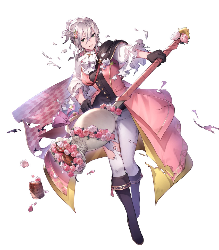 1girl, ascot, bangs, boots, breasts, buttons, capelet, checkered_clothes