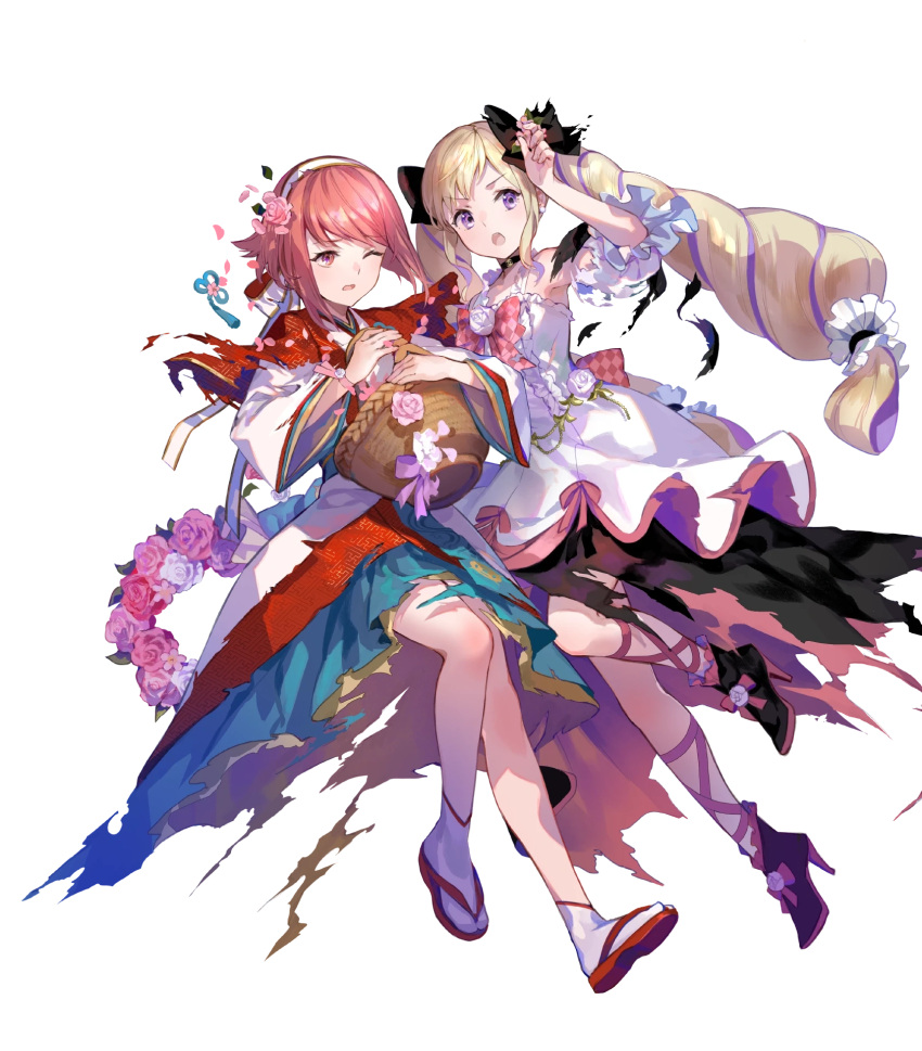 2girls, ankle_boots, basket, blonde_hair, boots, bow, capelet, choker