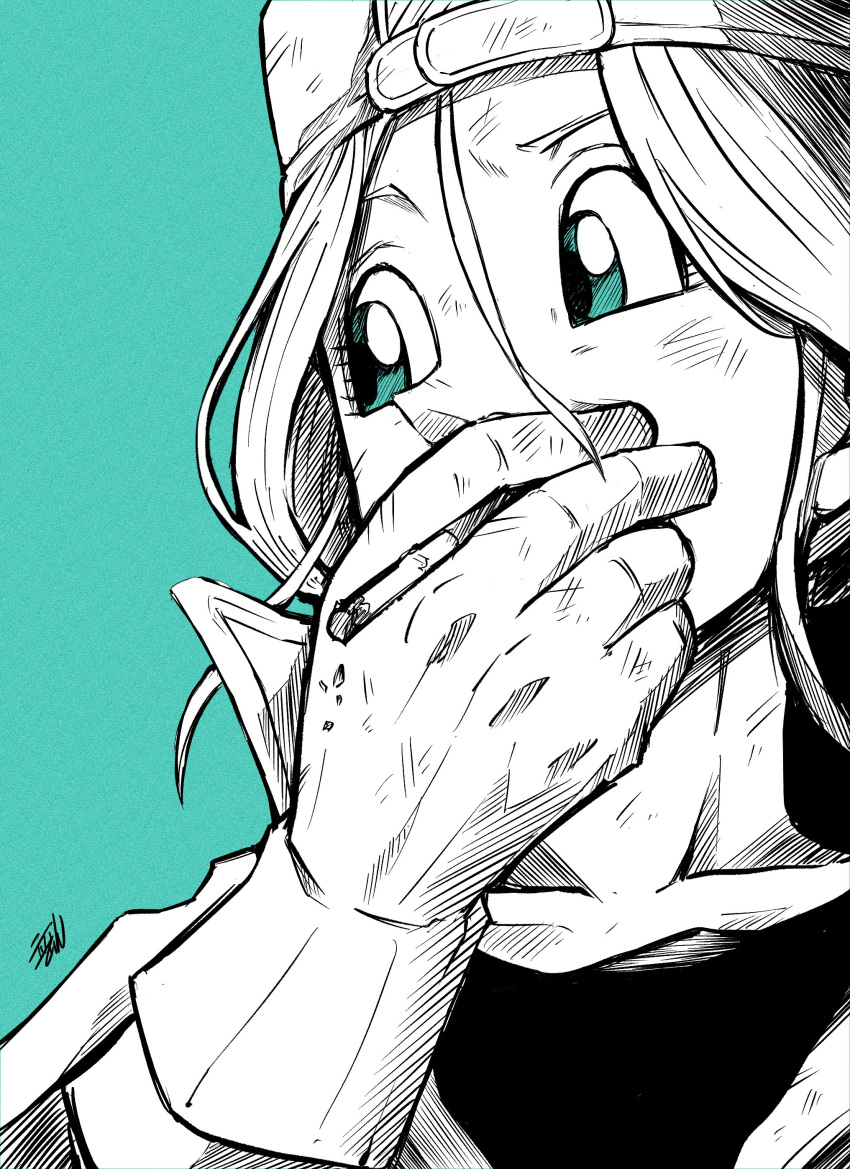 1girl, absurdres, backwards_hat, bulma, bulma_(future), cigarette, commentary_request, dragon_ball