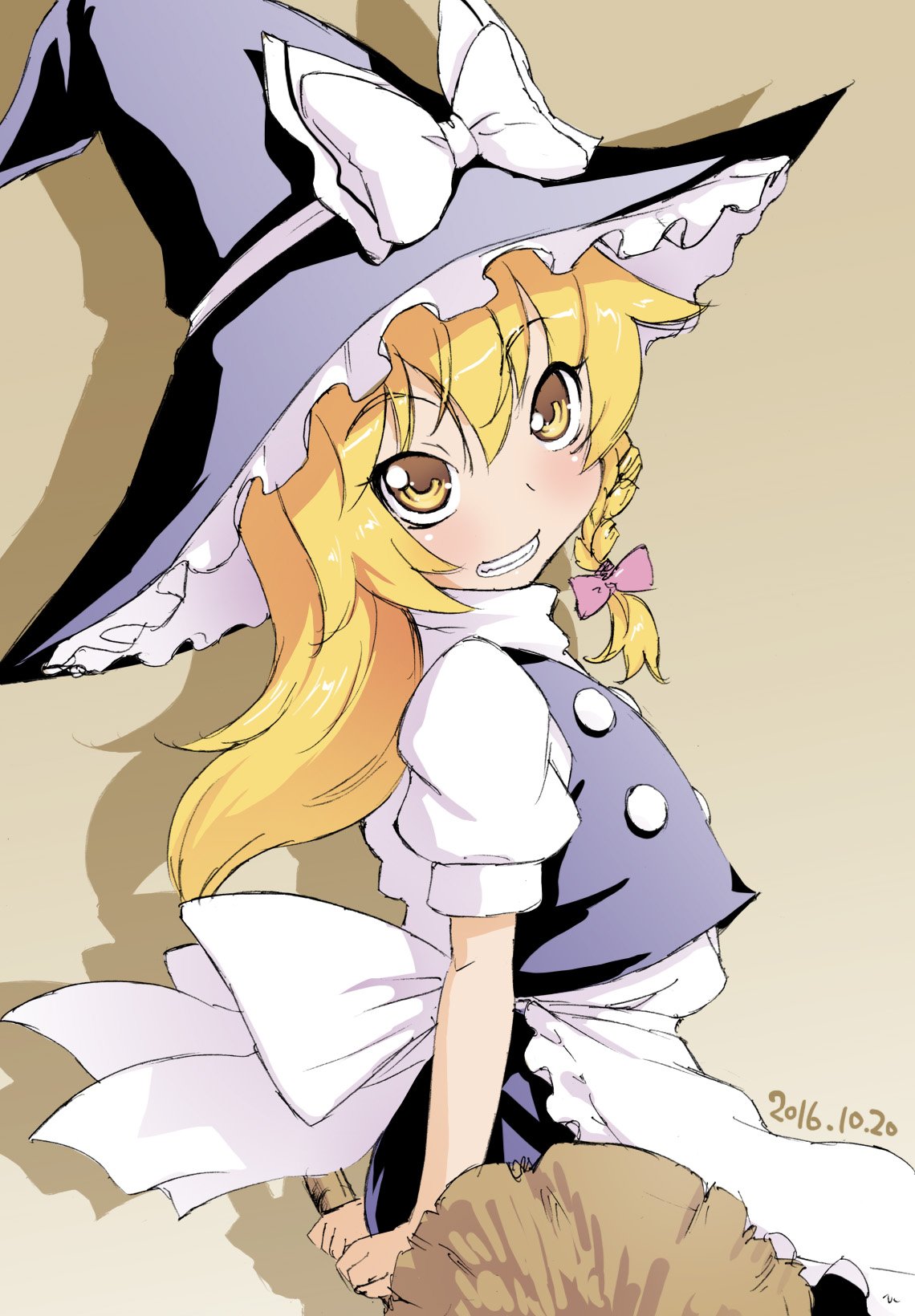 1girl, apron, black_headwear, black_skirt, black_vest, blonde_hair, blush, bow