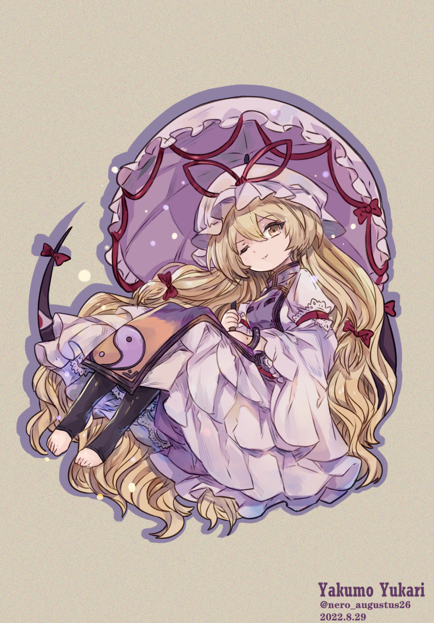 1girl, absurdres, bangs, blonde_hair, bow, character_name, dress, full_body