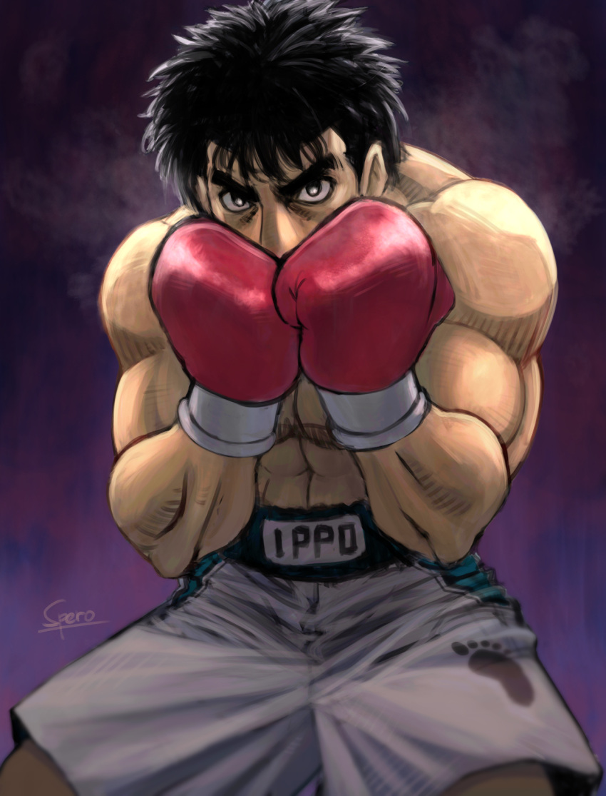 1boy, black_hair, boxing, boxing_gloves, boxing_shorts, clip_studio_paint_(medium), collarbone, commentary
