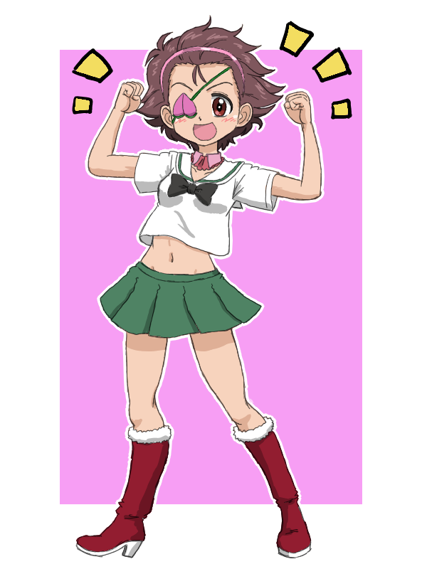 1girl, :d, black_bow, black_bowtie, boots, bow, bowtie, brown_eyes