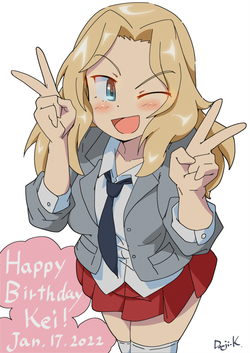 1girl, ;d, artist_name, birthday, black_necktie, blazer, blonde_hair, blouse
