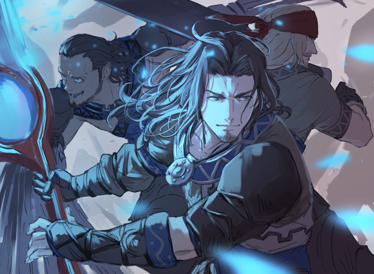 3boys, :d, bandana, black_hair, black_jacket, blue_shirt, brown_hair, character_request