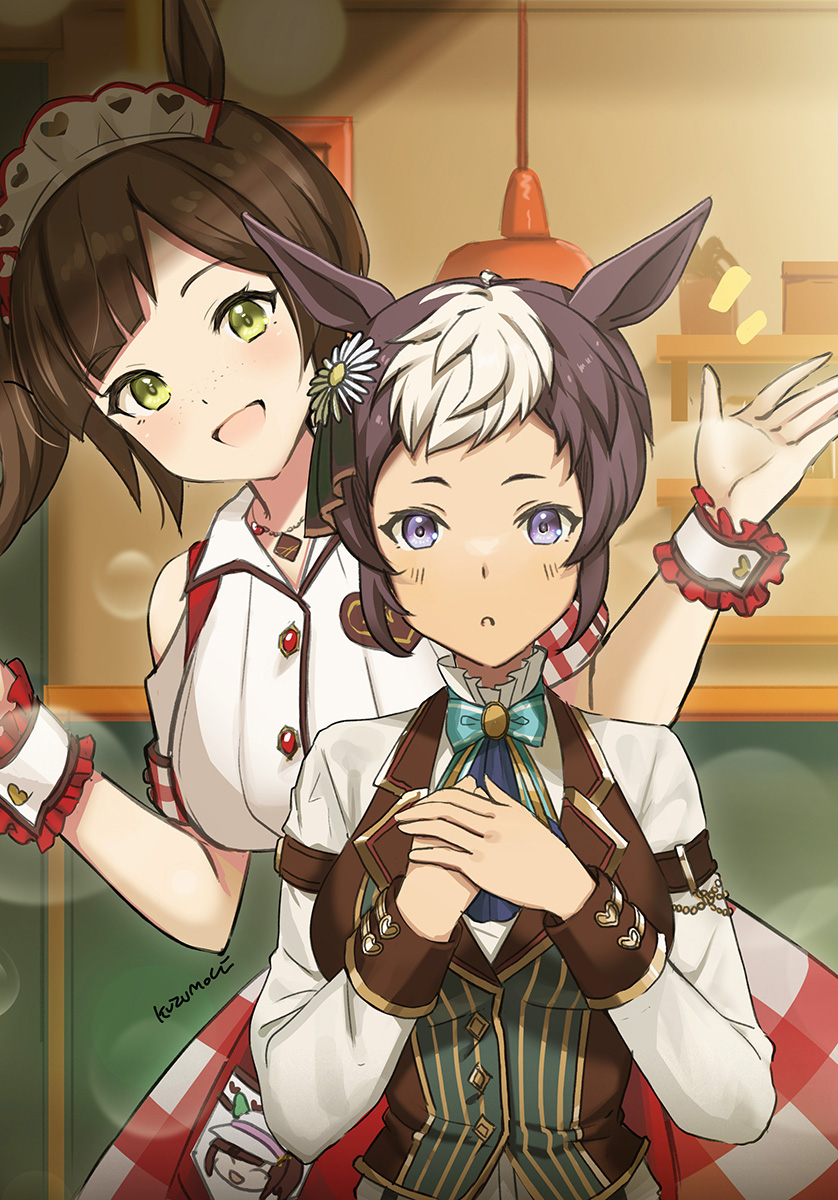 2girls, :d, :o, animal_ears, bangs, bare_shoulders, black_hair, blush