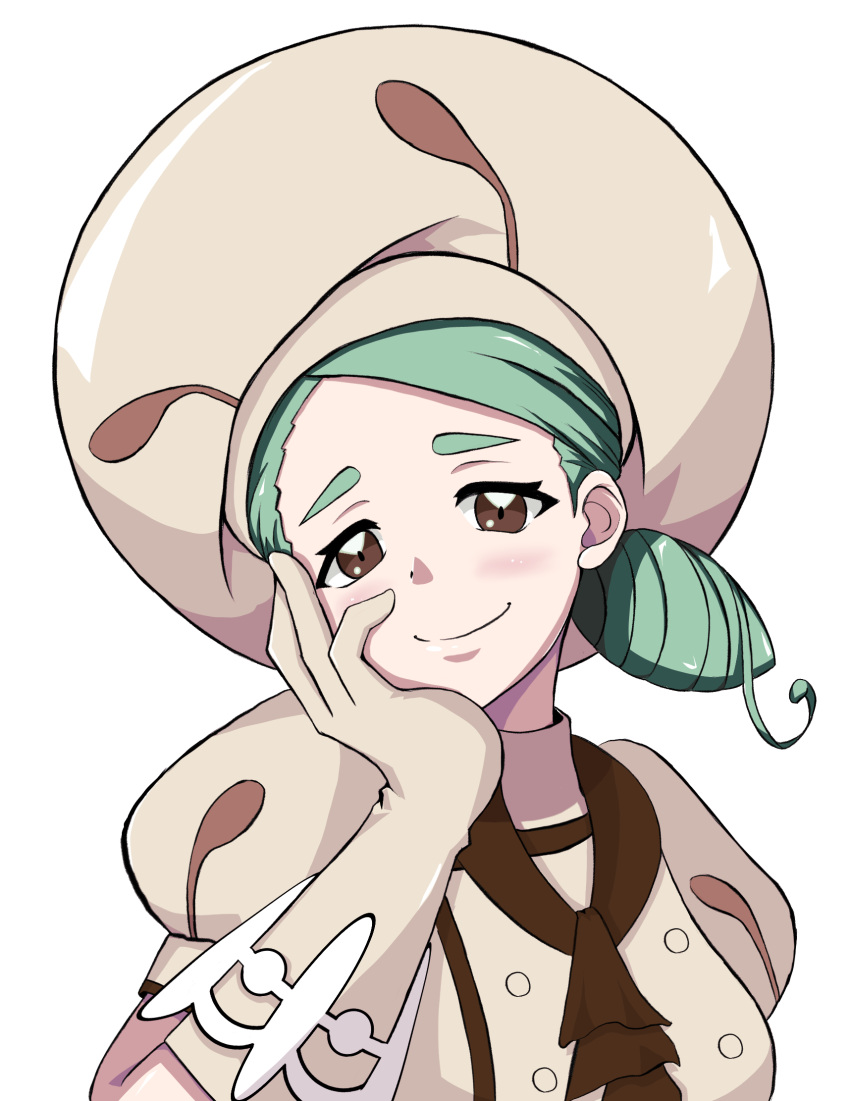 1girl, ascot, blush, breasts, brown_ascot, brown_jabot, chef_hat, gloves