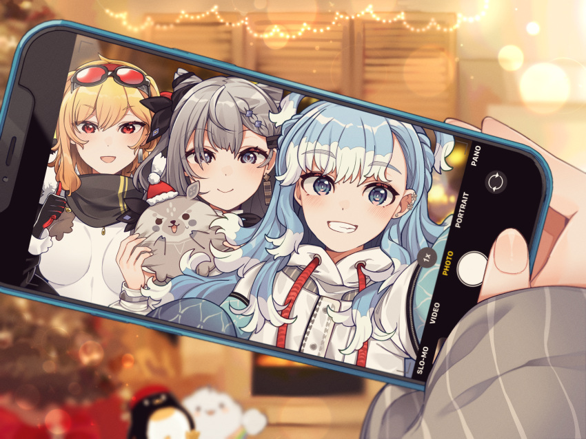 3girls, bandana, bandana_around_neck, bangs, black_bandana, blonde_hair, blue_eyes, blue_hair