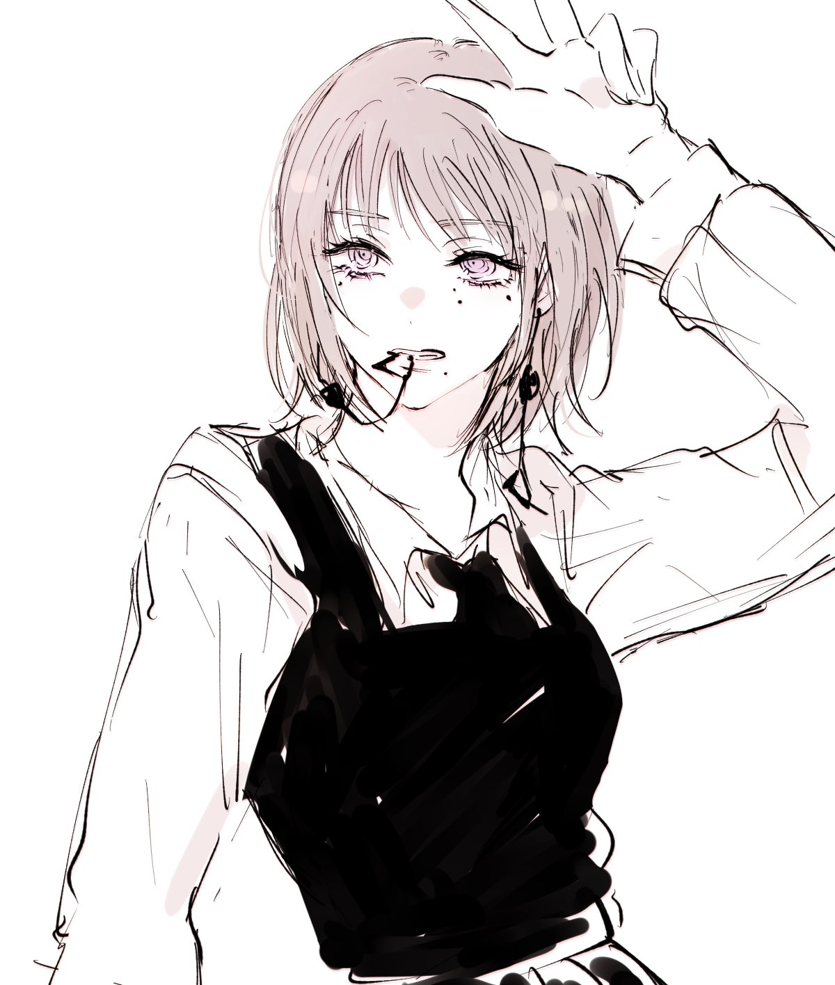 1girl, bangs, biting, black_ribbon, chainsaw_man, dress, earrings, fami_(chainsaw_man)