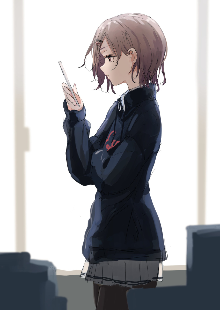 1girl, absurdres, black_pantyhose, brown_hair, commentary, from_side, hair_ornament, hairpin, highres, higuchi_madoka, holding, holding_phone, idolmaster, idolmaster_shiny_colors, looking_at_phone, mole, mole_under_eye, ogura_tubuan, pantyhose, phone, pleated_skirt, profile, school_uniform, skirt, solo