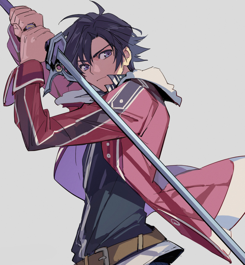 1boy, ahoge, black_hair, coat, eiyuu_densetsu, feng_you, fur_collar, grey_background