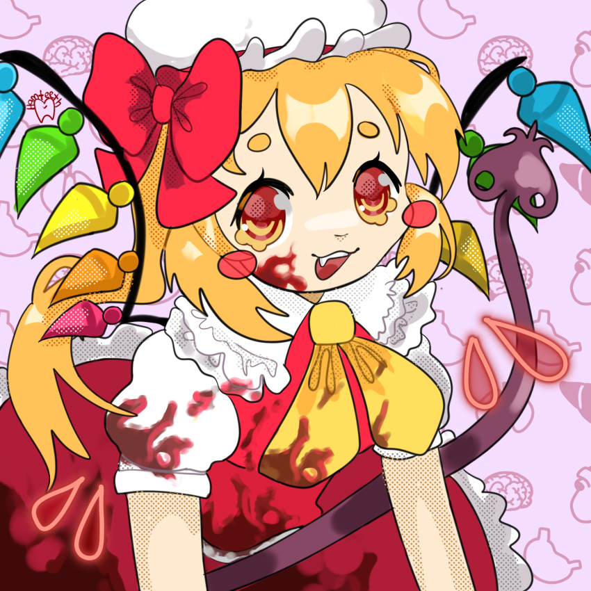 bat_wings, blonde_hair, blood, blood_on_face, bow, brain, dress, embodiment_of_scarlet_devil